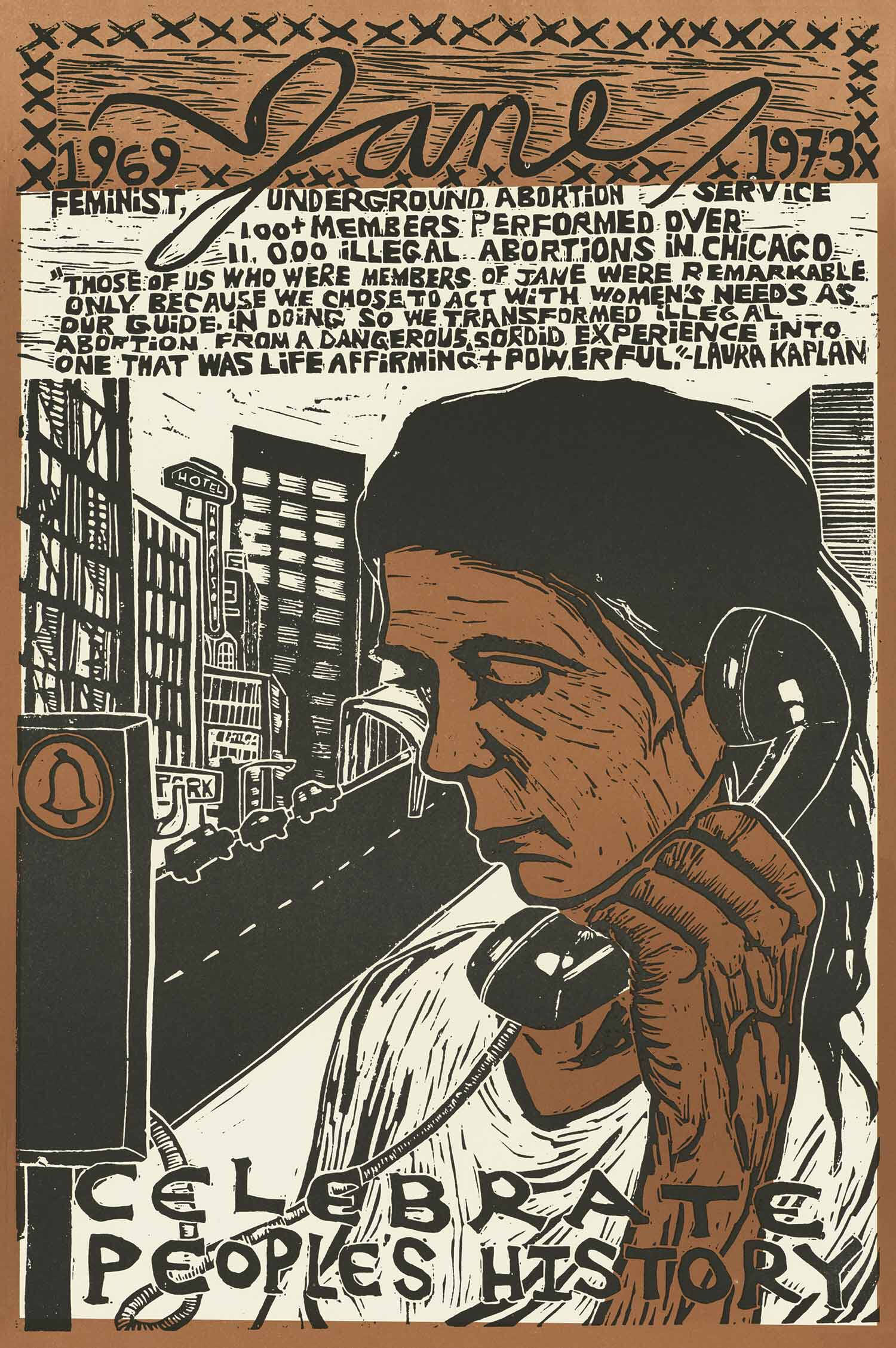 Celebrate People's History poster about the Jane Network with an image of a woman on the phone with a cityscape in the background.